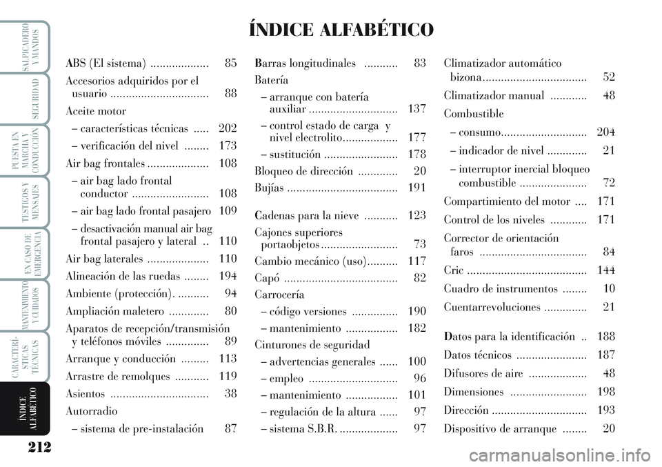 Lancia Musa 2011  Manual de Empleo y Cuidado (in Spanish) 212
TESTIGOS Y
MENSAJES
SALPICADERO
Y MANDOS
SEGURIDAD
PUESTA EN
MARCHA Y
CONDUCCIÓN
EN CASO DE
EMERGENCIA
MANTENIMIENTO
Y CUIDADOS
CARACTERÍ-
STICAS
TÉCNICAS
ÍNDICE
ALFABÉTICO
ABS (El sistema)  