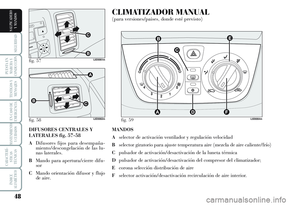 Lancia Musa 2012 Manual de Empleo y Cuidado (in Spanish) 48
SEGURIDAD
PUESTA EN
MARCHA Y
CONDUCCIÓN
TESTIGOS Y
MENSAJES
EN CASO DE
EMERGENCIA
MANTENIMIENTO
Y CUIDADOS
CARACTERÍ-
STICAS
TÉCNICAS
ÍNDICE
ALFABÉTICO
SALPICADERO
Y MANDOS
MANDOS
Aselector de Lancia Musa 2012 Manual de Empleo y Cuidado (in Spanish) 48
SEGURIDAD
PUESTA EN
MARCHA Y
CONDUCCIÓN
TESTIGOS Y
MENSAJES
EN CASO DE
EMERGENCIA
MANTENIMIENTO
Y CUIDADOS
CARACTERÍ-
STICAS
TÉCNICAS
ÍNDICE
ALFABÉTICO
SALPICADERO
Y MANDOS
MANDOS
Aselector de