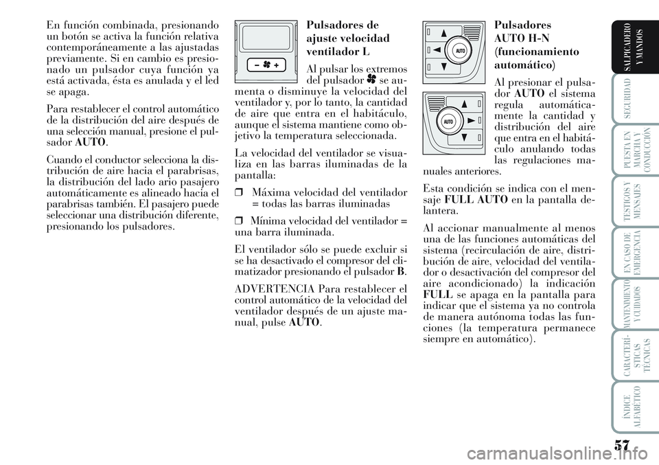 Lancia Musa 2011 Manual de Empleo y Cuidado (in Spanish) 57
SEGURIDAD
PUESTA EN
MARCHA Y
CONDUCCIÓN
TESTIGOS Y
MENSAJES
EN CASO DE
EMERGENCIA
MANTENIMIENTO
Y CUIDADOS
CARACTERÍ-
STICAS
TÉCNICAS
ÍNDICE
ALFABÉTICO
SALPICADERO
Y MANDOS
En función combina Lancia Musa 2011 Manual de Empleo y Cuidado (in Spanish) 57
SEGURIDAD
PUESTA EN
MARCHA Y
CONDUCCIÓN
TESTIGOS Y
MENSAJES
EN CASO DE
EMERGENCIA
MANTENIMIENTO
Y CUIDADOS
CARACTERÍ-
STICAS
TÉCNICAS
ÍNDICE
ALFABÉTICO
SALPICADERO
Y MANDOS
En función combina