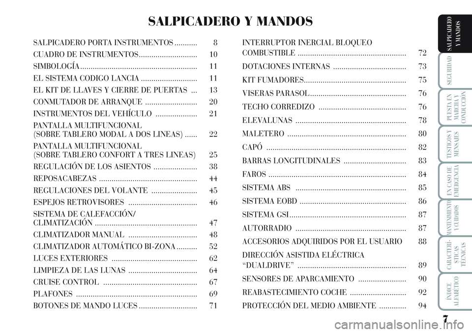 Lancia Musa 2011  Manual de Empleo y Cuidado (in Spanish) 7
SEGURIDAD
PUESTA EN
MARCHA Y
CONDUCCIÓN
TESTIGOS Y
MENSAJES
EN CASO DE
EMERGENCIA
MANTENIMIENTO
Y CUIDADOS
CARACTERÍ-
STICAS
TÉCNICAS
ÍNDICE
ALFABÉTICO
SALPICADERO
Y MANDOSSALPICADERO PORTA INS