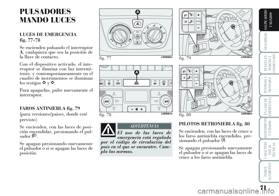 Lancia Musa 2011 Manual de Empleo y Cuidado (in Spanish) 71
SEGURIDAD
PUESTA EN
MARCHA Y
CONDUCCIÓN
TESTIGOS Y
MENSAJES
EN CASO DE
EMERGENCIA
MANTENIMIENTO
Y CUIDADOS
CARACTERÍ-
STICAS
TÉCNICAS
ÍNDICE
ALFABÉTICO
SALPICADERO
Y MANDOS
PULSADORES
MANDO LU Lancia Musa 2011 Manual de Empleo y Cuidado (in Spanish) 71
SEGURIDAD
PUESTA EN
MARCHA Y
CONDUCCIÓN
TESTIGOS Y
MENSAJES
EN CASO DE
EMERGENCIA
MANTENIMIENTO
Y CUIDADOS
CARACTERÍ-
STICAS
TÉCNICAS
ÍNDICE
ALFABÉTICO
SALPICADERO
Y MANDOS
PULSADORES
MANDO LU