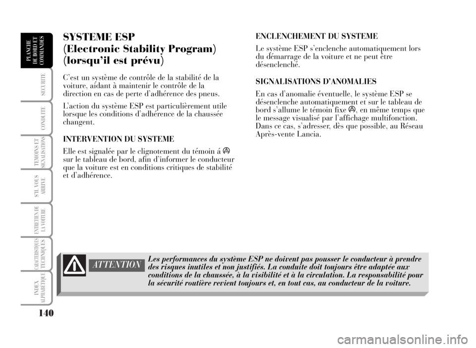 Lancia Musa 2007 Notice dentretien (in French) 140
SECURITE
CONDUITE
TEMOINS ETSIGNALISATIONS
S’IL VOUS
ARRIVE
ENTRETIEN DE
LA VOITURE
CARACTERISTIQUESTECHNIQUES
INDEX
ALPHABÉTIQUE
PLANCHE
DE BORD ET
COMMANDES
SYSTEME ESP
(Electronic Stability Lancia Musa 2007 Notice dentretien (in French) 140
SECURITE
CONDUITE
TEMOINS ETSIGNALISATIONS
S’IL VOUS
ARRIVE
ENTRETIEN DE
LA VOITURE
CARACTERISTIQUESTECHNIQUES
INDEX
ALPHABÉTIQUE
PLANCHE
DE BORD ET
COMMANDES
SYSTEME ESP
(Electronic Stability
