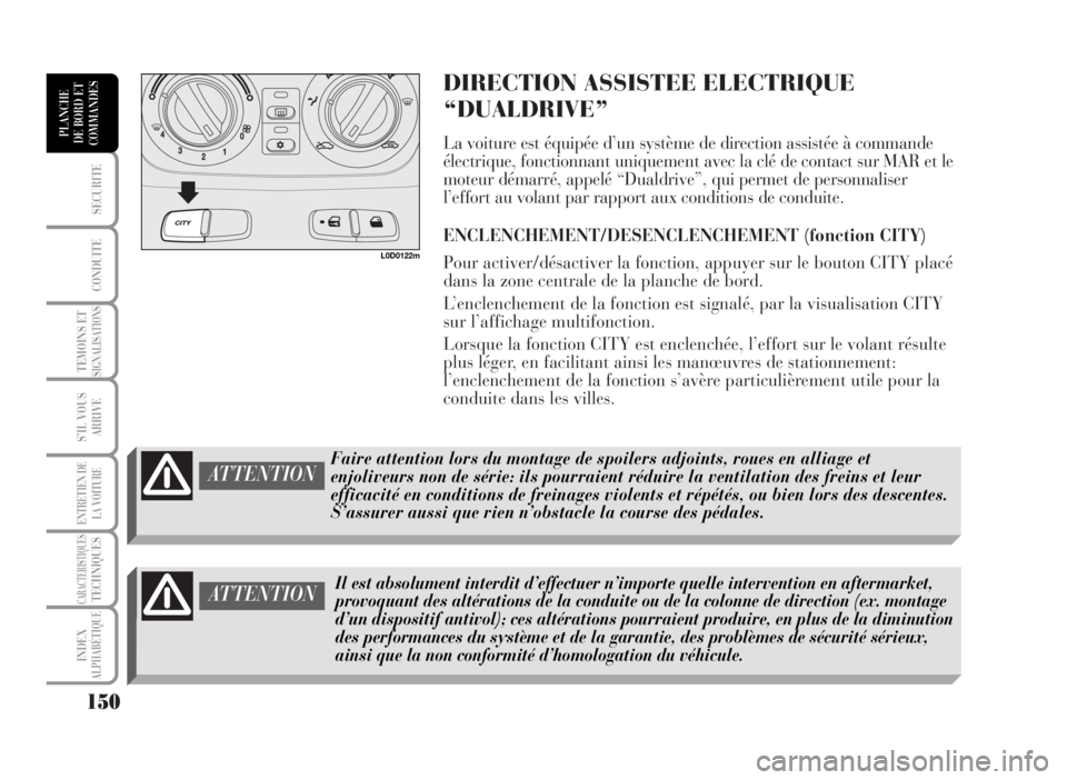 Lancia Musa 2007 Notice dentretien (in French) DIRECTION ASSISTEE ELECTRIQUE
“DUALDRIVE”
La voiture est équipée d’un système de direction assistée à commande
électrique, fonctionnant uniquement avec la clé de contact sur MAR et le
mot Lancia Musa 2007 Notice dentretien (in French) DIRECTION ASSISTEE ELECTRIQUE
“DUALDRIVE”
La voiture est équipée d’un système de direction assistée à commande
électrique, fonctionnant uniquement avec la clé de contact sur MAR et le
mot