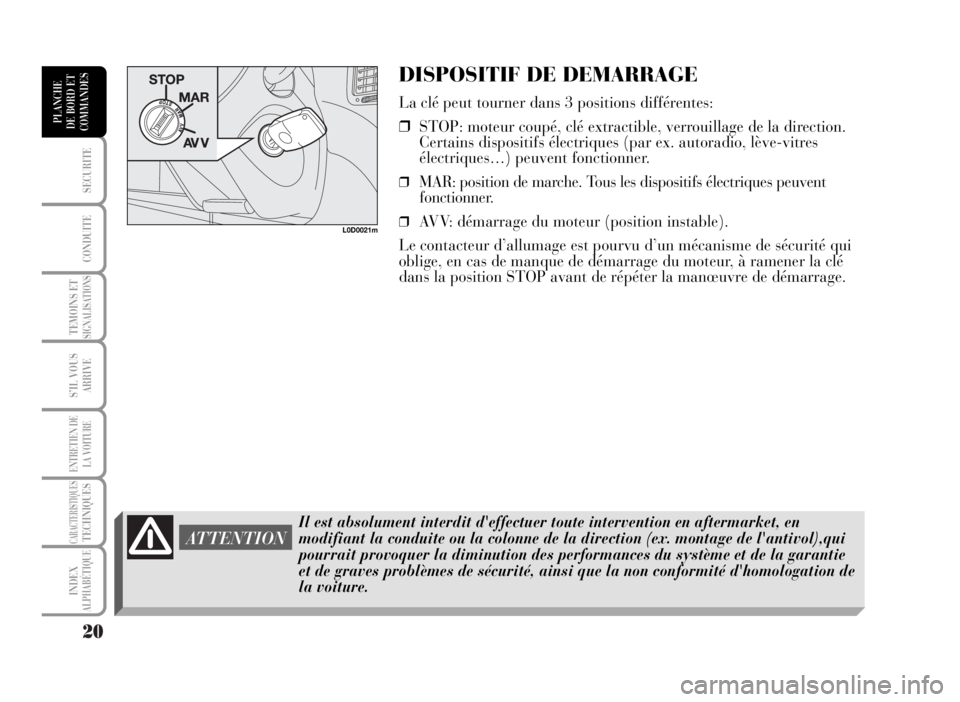 Lancia Musa 2007 Notice dentretien (in French) 20
SECURITE
CONDUITE
TEMOINS ETSIGNALISATIONS
S’IL VOUS
ARRIVE
ENTRETIEN DE
LA VOITURE
CARACTERISTIQUESTECHNIQUES
INDEX
ALPHABÉTIQUE
PLANCHE
DE BORD ET
COMMANDES
DISPOSITIF DE DEMARRAGE
La clé peu Lancia Musa 2007 Notice dentretien (in French) 20
SECURITE
CONDUITE
TEMOINS ETSIGNALISATIONS
S’IL VOUS
ARRIVE
ENTRETIEN DE
LA VOITURE
CARACTERISTIQUESTECHNIQUES
INDEX
ALPHABÉTIQUE
PLANCHE
DE BORD ET
COMMANDES
DISPOSITIF DE DEMARRAGE
La clé peu