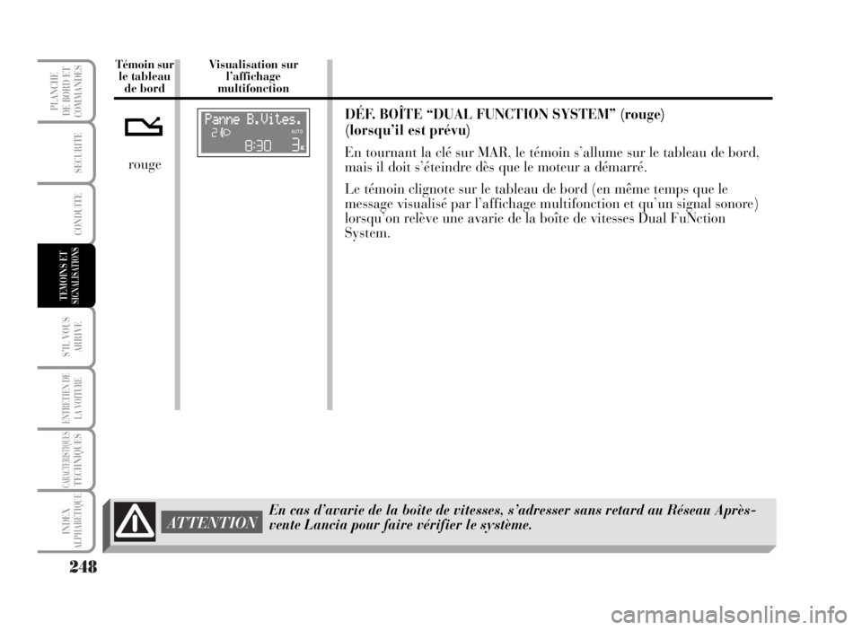 Lancia Musa 2007 Notice dentretien (in French) 248
S’IL VOUS
ARRIVE
ENTRETIEN DE
LA VOITURE
CARACTERISTIQUESTECHNIQUES
INDEX
ALPHABÉTIQUE
PLANCHE
DE BORD ET
COMMANDES
SECURITE
CONDUITE
TEMOINS ETSIGNALISATIONS
t
Témoin sur
le tableau
de bordV Lancia Musa 2007 Notice dentretien (in French) 248
S’IL VOUS
ARRIVE
ENTRETIEN DE
LA VOITURE
CARACTERISTIQUESTECHNIQUES
INDEX
ALPHABÉTIQUE
PLANCHE
DE BORD ET
COMMANDES
SECURITE
CONDUITE
TEMOINS ETSIGNALISATIONS
t
Témoin sur
le tableau
de bordV
