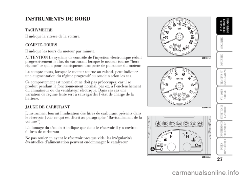 Lancia Musa 2007 Notice dentretien (in French) INSTRUMENTS DE BORD
TACHYMETRE
Il indique la vitesse de la voiture.
COMPTE-TOURS
Il indique les tours du moteur par minute.
ATTENTION Le système de contrôle de l’injection électronique réduit
p Lancia Musa 2007 Notice dentretien (in French) INSTRUMENTS DE BORD
TACHYMETRE
Il indique la vitesse de la voiture.
COMPTE-TOURS
Il indique les tours du moteur par minute.
ATTENTION Le système de contrôle de l’injection électronique réduit
p