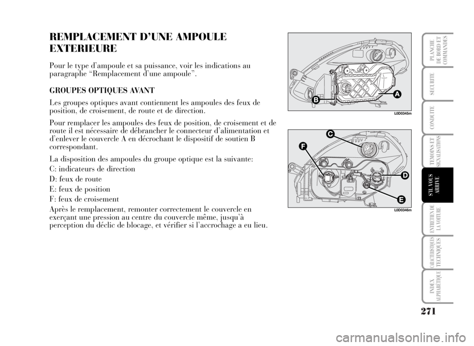 Lancia Musa 2007 Notice dentretien (in French) 271
TEMOINS ETSIGNALISATIONS
ENTRETIEN DE
LA VOITURE
CARACTERISTIQUESTECHNIQUES
INDEX
ALPHABÉTIQUE
PLANCHE
DE BORD ET
COMMANDES
SECURITE
CONDUITE
S’IL VOUS
ARRIVE
REMPLACEMENT D’UNE AMPOULE
EXTER Lancia Musa 2007 Notice dentretien (in French) 271
TEMOINS ETSIGNALISATIONS
ENTRETIEN DE
LA VOITURE
CARACTERISTIQUESTECHNIQUES
INDEX
ALPHABÉTIQUE
PLANCHE
DE BORD ET
COMMANDES
SECURITE
CONDUITE
S’IL VOUS
ARRIVE
REMPLACEMENT D’UNE AMPOULE
EXTER