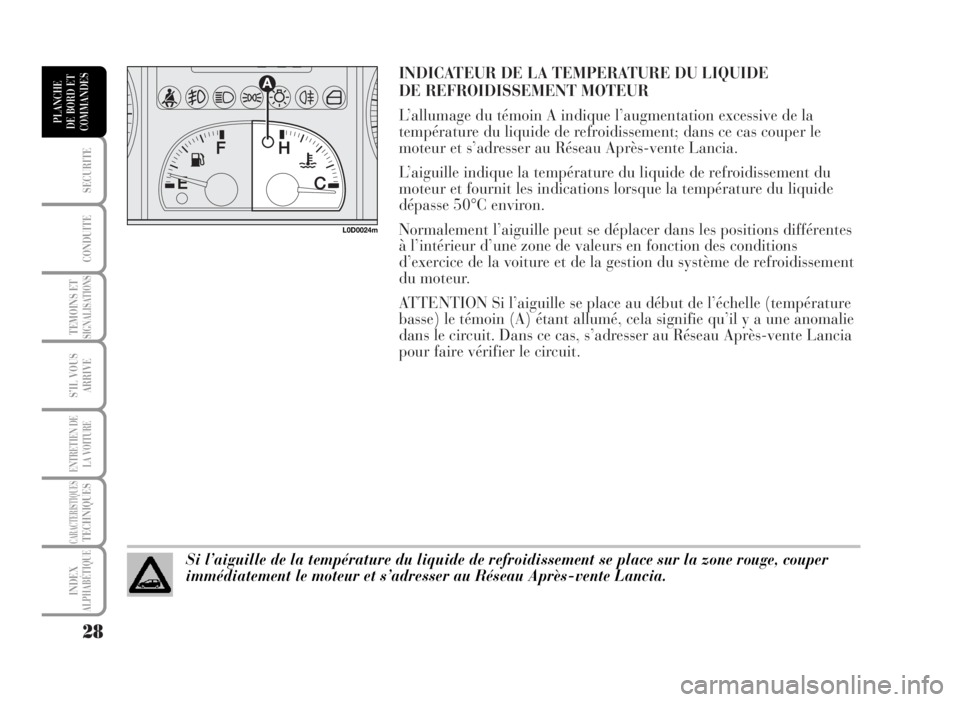 Lancia Musa 2007 Notice dentretien (in French) INDICATEUR DE LA TEMPERATURE DU LIQUIDE
DE REFROIDISSEMENT MOTEUR
L’allumage du témoin A indique l’augmentation excessive de la
température du liquide de refroidissement; dans ce cas couper le Lancia Musa 2007 Notice dentretien (in French) INDICATEUR DE LA TEMPERATURE DU LIQUIDE
DE REFROIDISSEMENT MOTEUR
L’allumage du témoin A indique l’augmentation excessive de la
température du liquide de refroidissement; dans ce cas couper le
