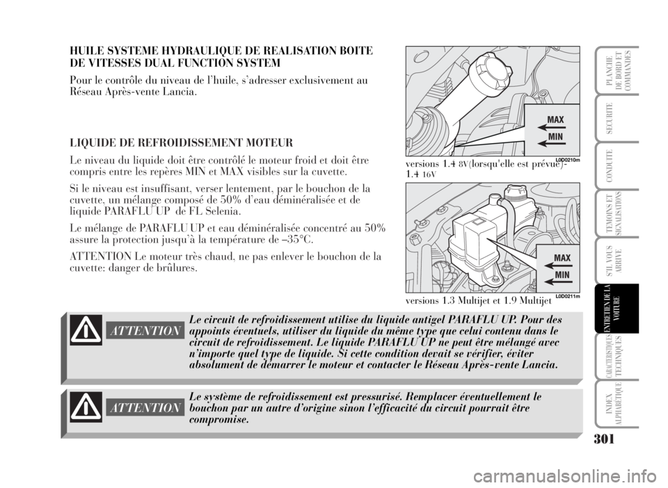 Lancia Musa 2007 Notice dentretien (in French) LIQUIDE DE REFROIDISSEMENT MOTEUR
Le niveau du liquide doit être contrôlé le moteur froid et doit être
compris entre les repères MIN et MAX visibles sur la cuvette.
Si le niveau est insuffisant, Lancia Musa 2007 Notice dentretien (in French) LIQUIDE DE REFROIDISSEMENT MOTEUR
Le niveau du liquide doit être contrôlé le moteur froid et doit être
compris entre les repères MIN et MAX visibles sur la cuvette.
Si le niveau est insuffisant,