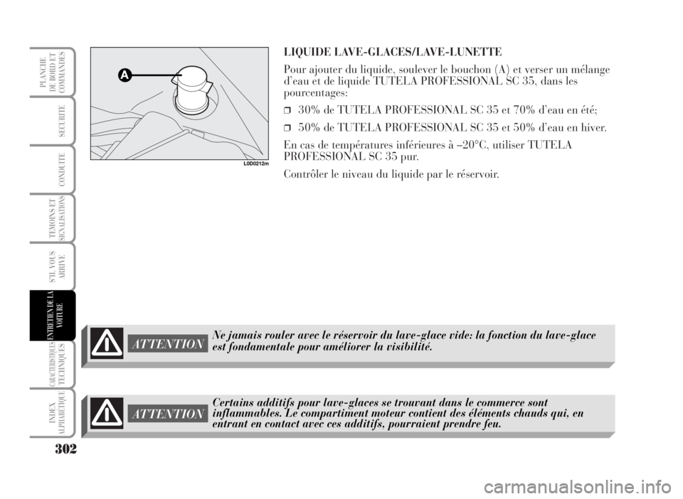 Lancia Musa 2007 Notice dentretien (in French) LIQUIDE LAVE-GLACES/LAVE-LUNETTE
Pour ajouter du liquide, soulever le bouchon (A) et verser un mélange
d’eau et de liquide TUTELA PROFESSIONAL SC 35, dans les
pourcentages:
❒30% de TUTELA PROFESS Lancia Musa 2007 Notice dentretien (in French) LIQUIDE LAVE-GLACES/LAVE-LUNETTE
Pour ajouter du liquide, soulever le bouchon (A) et verser un mélange
d’eau et de liquide TUTELA PROFESSIONAL SC 35, dans les
pourcentages:
❒30% de TUTELA PROFESS