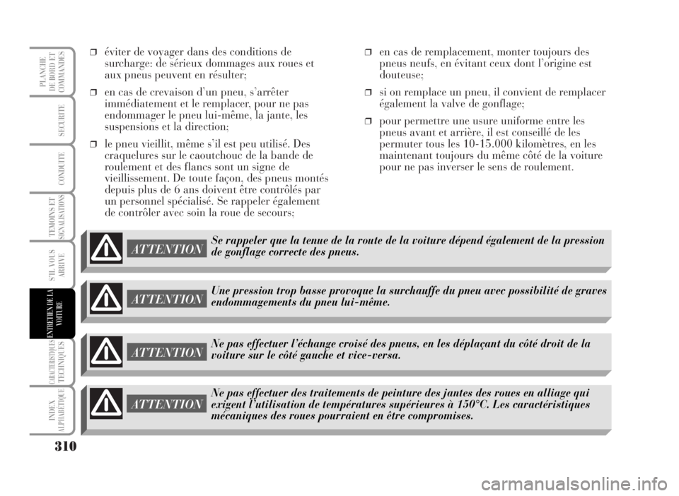 Lancia Musa 2007 Notice dentretien (in French) ❒éviter de voyager dans des conditions de
surcharge: de sérieux dommages aux roues et
aux pneus peuvent en résulter;
❒en cas de crevaison d’un pneu, s’arrêter
immédiatement et le remplace Lancia Musa 2007 Notice dentretien (in French) ❒éviter de voyager dans des conditions de
surcharge: de sérieux dommages aux roues et
aux pneus peuvent en résulter;
❒en cas de crevaison d’un pneu, s’arrêter
immédiatement et le remplace