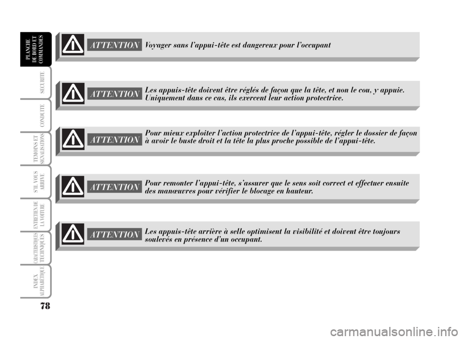 Lancia Musa 2007 Notice dentretien (in French) 78
SECURITE
CONDUITE
TEMOINS ETSIGNALISATIONS
S’IL VOUS
ARRIVE
ENTRETIEN DE
LA VOITURE
CARACTERISTIQUESTECHNIQUES
INDEX
ALPHABÉTIQUE
PLANCHE
DE BORD ET
COMMANDES
ATTENTION
ATTENTION
Pour mieux expl Lancia Musa 2007 Notice dentretien (in French) 78
SECURITE
CONDUITE
TEMOINS ETSIGNALISATIONS
S’IL VOUS
ARRIVE
ENTRETIEN DE
LA VOITURE
CARACTERISTIQUESTECHNIQUES
INDEX
ALPHABÉTIQUE
PLANCHE
DE BORD ET
COMMANDES
ATTENTION
ATTENTION
Pour mieux expl
