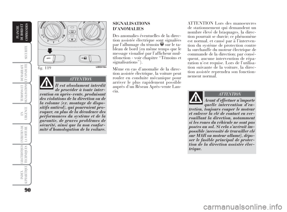 Lancia Musa 2008  Notice dentretien (in French) 90
SECURITE
DEMARRAFE
ET CONDUITE
TEMOINS ETSIGNALISATIONS
EN
URGENCE
ENTRETIEN DE
LAVOITURE
CARACTERISTIQUESTECHNIQUES
INDEX
ALPHABÉTIQUE
PLANCHE
DE BORD ET
COMMANDES
ATTENTION Lors des manoeuvres
d