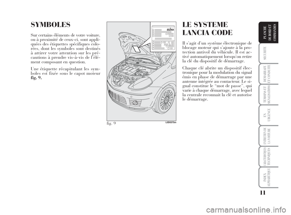 Lancia Musa 2009  Notice dentretien (in French) 11
SECURITE
DEMARRAFE
ET CONDUITE
TEMOINS ETSIGNALISATIONS
EN
URGENCE
ENTRETIEN DE
LAVOITURE
CARACTERISTIQUESTECHNIQUES
INDEX
ALPHABÉTIQUE
PLANCHE
DE BORD ET
COMMANDES
SYMBOLES
Sur certains élément