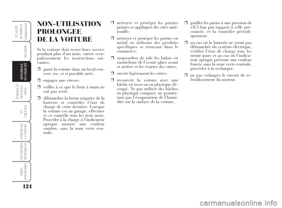Lancia Musa 2009 Notice dentretien (in French) 124
TEMOINS ET
SIGNALISA-
TIONS
EN
URGENCE
ENTRETIEN DE
LAVOITURE
CARACTERISTIQUESTECHNIQUES
INDEX
ALPHABÉTIQUE
PLANCHE
DE BORD ET
COMMANDES
SECURITE
DEMARRAGE
ET CONDUITE
NON-UTILISATION
PROLONGEE
D Lancia Musa 2009 Notice dentretien (in French) 124
TEMOINS ET
SIGNALISA-
TIONS
EN
URGENCE
ENTRETIEN DE
LAVOITURE
CARACTERISTIQUESTECHNIQUES
INDEX
ALPHABÉTIQUE
PLANCHE
DE BORD ET
COMMANDES
SECURITE
DEMARRAGE
ET CONDUITE
NON-UTILISATION
PROLONGEE
D