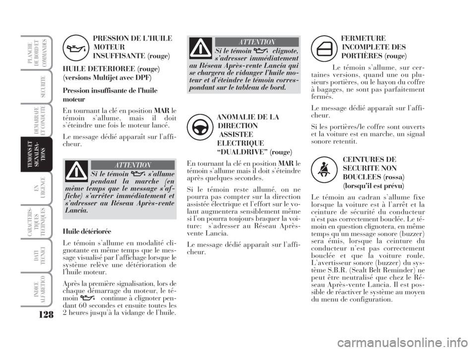 Lancia Musa 2009 Notice dentretien (in French) 128
EN
URGENCE
CARACTERIS-
TIQUES
TECHNIQUES
DATI
TECNICI
INDICE
ALFABETICO
PLANCHE
DE BORD ET
COMMANDES
SECURITE
DEMARRAFE
ET CONDUITE
TEMOINS ET
SIGNALISA-
TIONS
PRESSION DE L’HUILE
MOTEUR
INSUFF Lancia Musa 2009 Notice dentretien (in French) 128
EN
URGENCE
CARACTERIS-
TIQUES
TECHNIQUES
DATI
TECNICI
INDICE
ALFABETICO
PLANCHE
DE BORD ET
COMMANDES
SECURITE
DEMARRAFE
ET CONDUITE
TEMOINS ET
SIGNALISA-
TIONS
PRESSION DE L’HUILE
MOTEUR
INSUFF