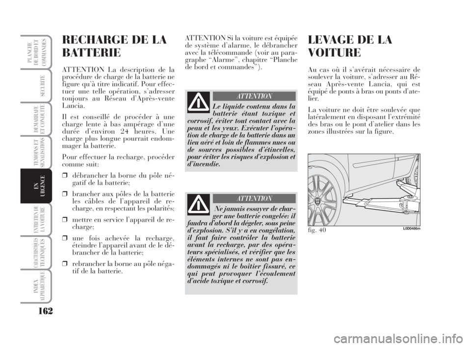 Lancia Musa 2009 Notice dentretien (in French) 162
TEMOINS ETSIGNALISATIONS
ENTRETIEN DE
LAVOITURE
CARACTERISTIQUESTECHNIQUES
INDEX
ALPHABÉTIQUE
PLANCHE
DE BORD ET
COMMANDES
SECURITE
DEMARRAFE
ET CONDUITE
EN
URGENCE
RECHARGE DE LA
BATTERIE
ATTENT Lancia Musa 2009 Notice dentretien (in French) 162
TEMOINS ETSIGNALISATIONS
ENTRETIEN DE
LAVOITURE
CARACTERISTIQUESTECHNIQUES
INDEX
ALPHABÉTIQUE
PLANCHE
DE BORD ET
COMMANDES
SECURITE
DEMARRAFE
ET CONDUITE
EN
URGENCE
RECHARGE DE LA
BATTERIE
ATTENT
