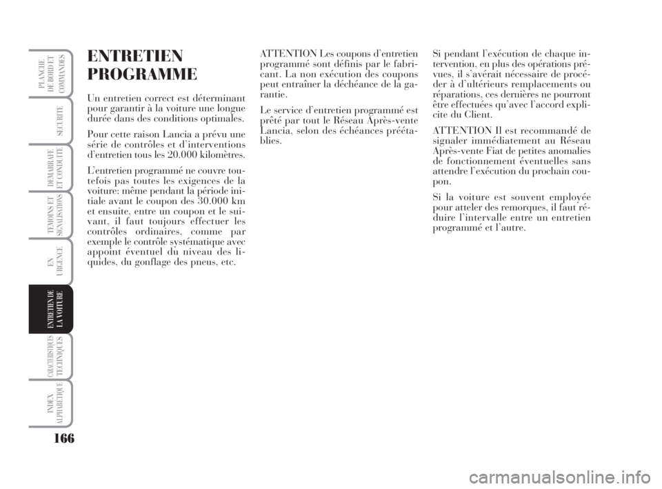 Lancia Musa 2009  Notice dentretien (in French) 166
TEMOINS ETSIGNALISATIONS
CARACTERISTIQUESTECHNIQUES
INDEX
ALPHABÉTIQUE
PLANCHE
DE BORD ET
COMMANDES
SECURITE
DEMARRAFE
ET CONDUITE
EN
URGENCE
ENTRETIEN DELA VOITURE
ENTRETIEN
PROGRAMME
Un entreti