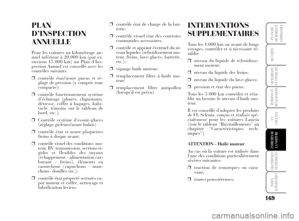Lancia Musa 2009  Notice dentretien (in French) 169
TEMOINS ETSIGNALISATIONS
CARACTERISTIQUESTECHNIQUES
INDEX
ALPHABÉTIQUE
PLANCHE
DE BORD ET
COMMANDES
SECURITE
DEMARRAFE
ET CONDUITE
EN
URGENCE
ENTRETIEN DELA VOITURE
PLAN
D’INSPECTION
ANNUELLE
P
