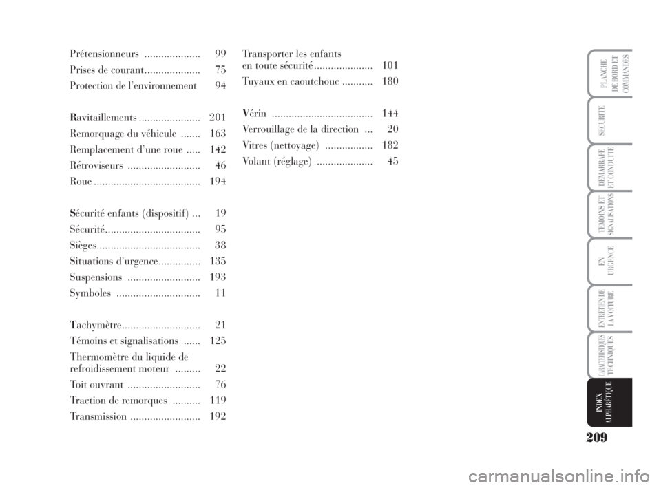 Lancia Musa 2009  Notice dentretien (in French) 209
TEMOINS ETSIGNALISATIONS
PLANCHE
DE BORD ET
COMMANDES
SECURITE
DEMARRAFE
ET CONDUITE
EN
URGENCE
ENTRETIEN DE
LAVOITURE
CARACTERISTIQUESTECHNIQUES
INDEX
ALPHABÉTIQUE
Prétensionneurs .............