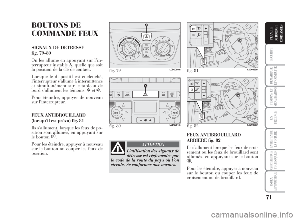 Lancia Musa 2009 Notice dentretien (in French) 71
SECURITE
DEMARRAFE
ET CONDUITE
TEMOINS ETSIGNALISATIONS
EN
URGENCE
ENTRETIEN DE
LAVOITURE
CARACTERISTIQUESTECHNIQUES
INDEX
ALPHABÉTIQUE
PLANCHE
DE BORD ET
COMMANDES
BOUTONS DE
COMMANDE FEUX
SIGNAU Lancia Musa 2009 Notice dentretien (in French) 71
SECURITE
DEMARRAFE
ET CONDUITE
TEMOINS ETSIGNALISATIONS
EN
URGENCE
ENTRETIEN DE
LAVOITURE
CARACTERISTIQUESTECHNIQUES
INDEX
ALPHABÉTIQUE
PLANCHE
DE BORD ET
COMMANDES
BOUTONS DE
COMMANDE FEUX
SIGNAU