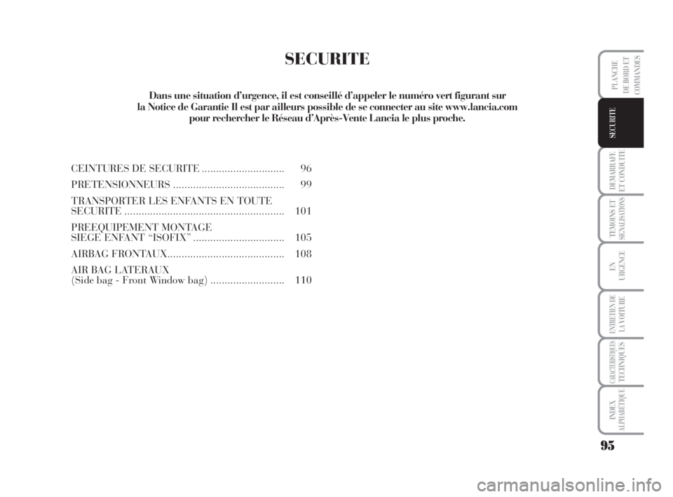 Lancia Musa 2009  Notice dentretien (in French) 95
DEMARRAFE
ET CONDUITE
TEMOINS ETSIGNALISATIONS
EN
URGENCE
ENTRETIEN DE
LAVOITURE
CARACTERISTIQUESTECHNIQUES
INDEX
ALPHABÉTIQUE
PLANCHE
DE BORD ET
COMMANDES
SECURITE
SECURITE
CEINTURES DE SECURITE.