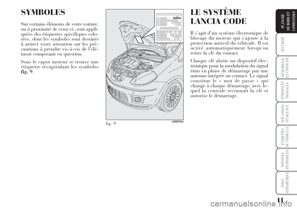 Lancia Musa 2010 Notice dentretien (in French) 11
SÉCURITÉ
DÉMARRAGE
ET CONDUITE
TÉMOINS ET
MESSAGES
SITUATIONS
D’URGENCE
ENTRETIEN
DU VÉHICULE
DONNÉES
TECHNIQUES
INDEX
ALPHABÉTIQUE
PLANCHE
DE BORD ET
COMMANDES
SYMBOLES
Sur certains élé Lancia Musa 2010 Notice dentretien (in French) 11
SÉCURITÉ
DÉMARRAGE
ET CONDUITE
TÉMOINS ET
MESSAGES
SITUATIONS
D’URGENCE
ENTRETIEN
DU VÉHICULE
DONNÉES
TECHNIQUES
INDEX
ALPHABÉTIQUE
PLANCHE
DE BORD ET
COMMANDES
SYMBOLES
Sur certains élé