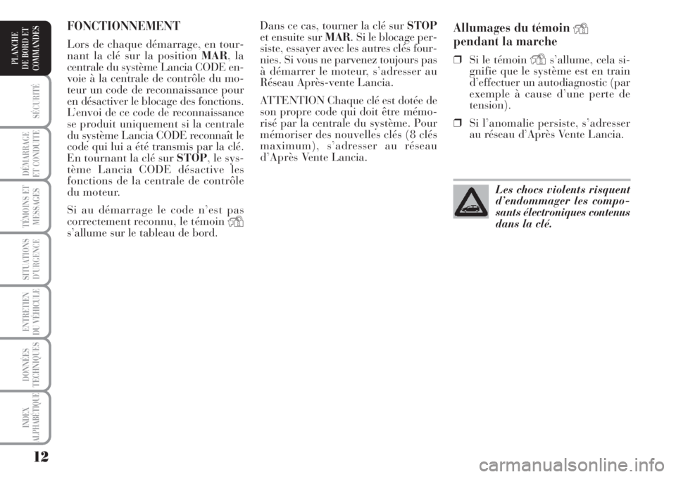 Lancia Musa 2010  Notice dentretien (in French) 12
SÉCURITÉ
DÉMARRAGE
ET CONDUITE
TÉMOINS ET
MESSAGES
SITUATIONS
D’URGENCE
ENTRETIEN
DU VÉHICULE 
DONNÉES
TECHNIQUES
INDEX
ALPHABÉTIQUE
PLANCHE
DE BORD ET
COMMANDES
Allumages du témoin Y
pen