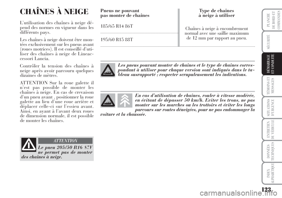 Lancia Musa 2010  Notice dentretien (in French) 123
SÉCURITÉ
TÉMOINS ET
MESSAGES
SITUATIONS
D’URGENCE
ENTRETIEN
DU VÉHICULE
DONNÉES
TECHNIQUES
INDEX
ALPHABÉTIQUE
PLANCHE
DE BORD ET
COMMANDES
DÉMARRAGE
ET CONDUITE
CHAÎNES À NEIGE
L’util