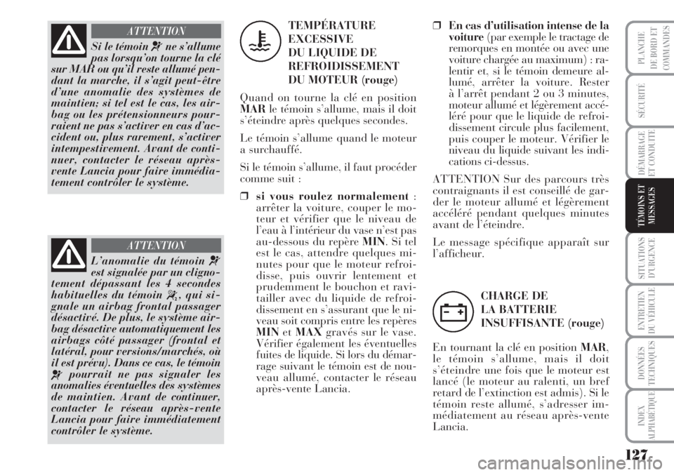 Lancia Musa 2010  Notice dentretien (in French) 127
SÉCURITÉ
DÉMARRAGE
ET CONDUITE
SITUATIONS
D’URGENCE
ENTRETIEN
DU VÉHICULE
DONNÉES
TECHNIQUES
INDEX
ALPHABÉTIQUE
PLANCHE
DE BORD ET
COMMANDES
TÉMOINS ET
MESSAGES
Si le témoin ¬ne s’all