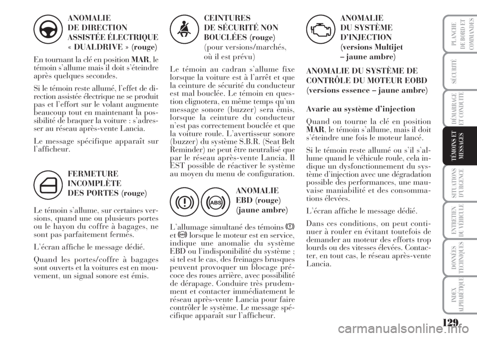 Lancia Musa 2010  Notice dentretien (in French) 129
SÉCURITÉ
DÉMARRAGE
ET CONDUITE
SITUATIONS
D’URGENCE
ENTRETIEN
DU VÉHICULE
DONNÉES
TECHNIQUES
INDEX
ALPHABÉTIQUE
PLANCHE
DE BORD ET
COMMANDES
TÉMOINS ET
MESSAGES
ANOMALIE
DE DIRECTION
ASSI