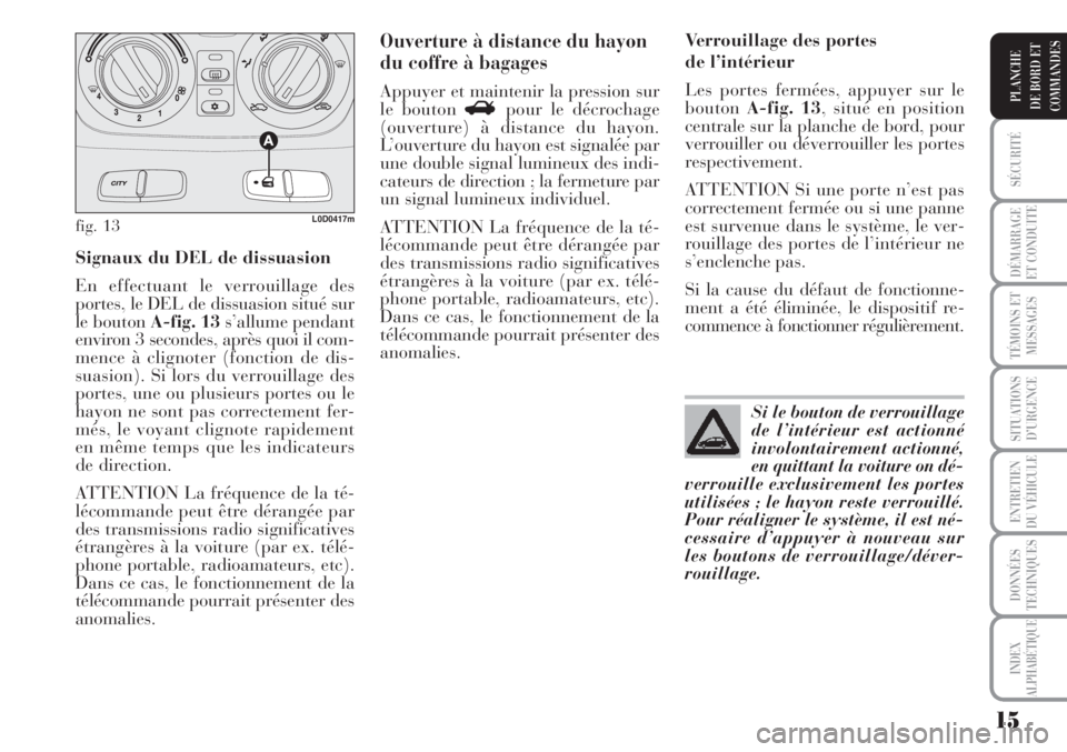 Lancia Musa 2010  Notice dentretien (in French) 15
SÉCURITÉ
DÉMARRAGE
ET CONDUITE
TÉMOINS ET
MESSAGES
SITUATIONS
D’URGENCE
ENTRETIEN
DU VÉHICULE
DONNÉES
TECHNIQUES
INDEX
ALPHABÉTIQUE
PLANCHE
DE BORD ET
COMMANDES
Signaux du DEL de dissuasio