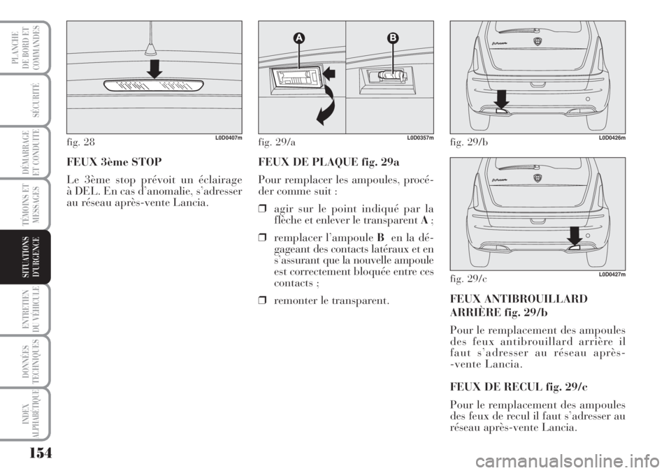 Lancia Musa 2010 Notice dentretien (in French) 154
SÉCURITÉ
DÉMARRAGE
ET CONDUITE
TÉMOINS ET
MESSAGES
ENTRETIEN
DU VÉHICULE
DONNÉES
TECHNIQUES
INDEX
ALPHABÉTIQUE
PLANCHE
DE BORD ET
COMMANDES
SITUATIONS
D’URGENCE
FEUX 3ème STOP
Le 3ème Lancia Musa 2010 Notice dentretien (in French) 154
SÉCURITÉ
DÉMARRAGE
ET CONDUITE
TÉMOINS ET
MESSAGES
ENTRETIEN
DU VÉHICULE
DONNÉES
TECHNIQUES
INDEX
ALPHABÉTIQUE
PLANCHE
DE BORD ET
COMMANDES
SITUATIONS
D’URGENCE
FEUX 3ème STOP
Le 3ème