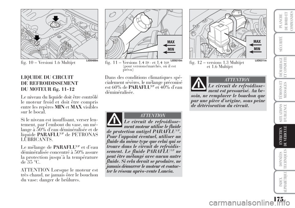 Lancia Musa 2010  Notice dentretien (in French) 175
SÉCURITÉ
DÉMARRAGE
ET CONDUITE
TÉMOINS ET
MESSAGES
SITUATIONS
D’URGENCE
DONNÉES
TECHNIQUES
INDEX
ALPHABÉTIQUE
PLANCHE
DE BORD ET
COMMANDES
ENTRETIEN
DU VÉHICULE
LIQUIDE DU CIRCUIT 
DE REF