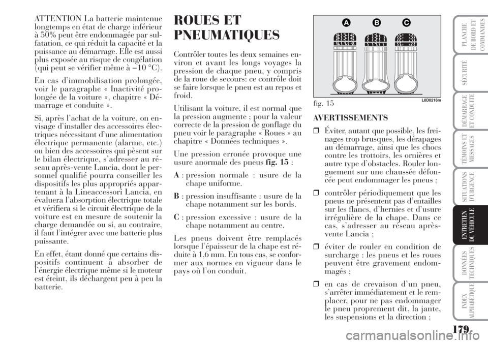 Lancia Musa 2010  Notice dentretien (in French) 179
SÉCURITÉ
DÉMARRAGE
ET CONDUITE
TÉMOINS ET
MESSAGES
SITUATIONS
D’URGENCE
DONNÉES
TECHNIQUES
INDEX
ALPHABÉTIQUE
PLANCHE
DE BORD ET
COMMANDES
ENTRETIEN
DU VÉHICULE
ATTENTION La batterie main