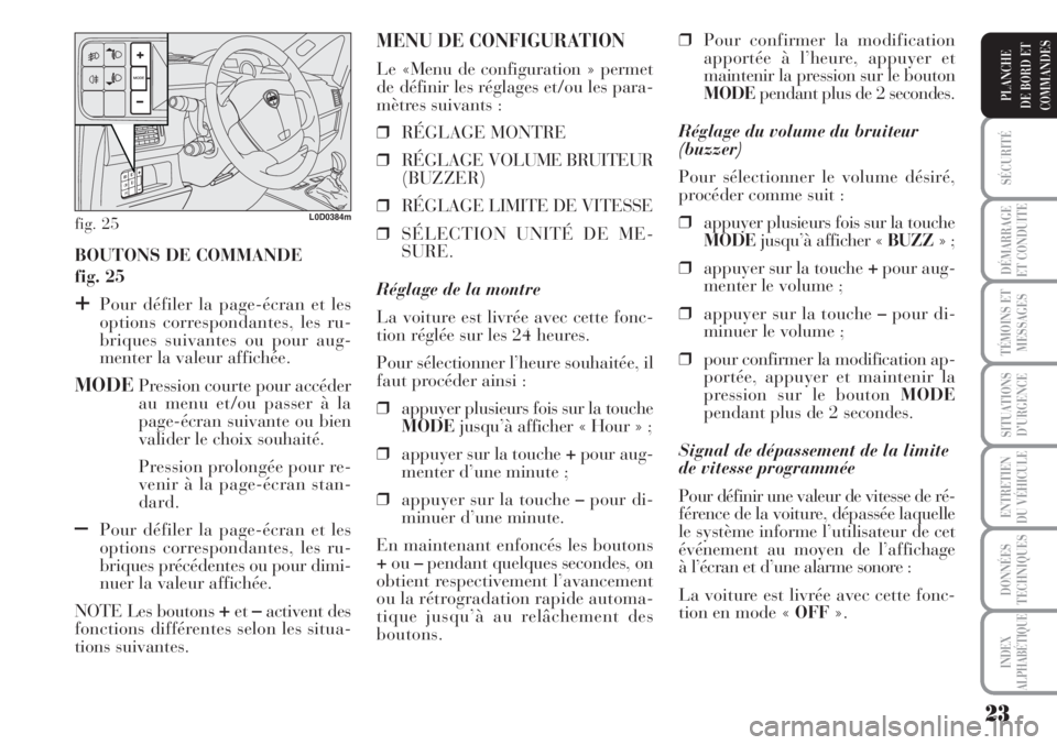 Lancia Musa 2010  Notice dentretien (in French) 23
SÉCURITÉ
DÉMARRAGE
ET CONDUITE
TÉMOINS ET
MESSAGES
SITUATIONS
D’URGENCE
ENTRETIEN
DU VÉHICULE
DONNÉES
TECHNIQUES
INDEX
ALPHABÉTIQUE
PLANCHE
DE BORD ET
COMMANDES
BOUTONS DE COMMANDE
fig. 25