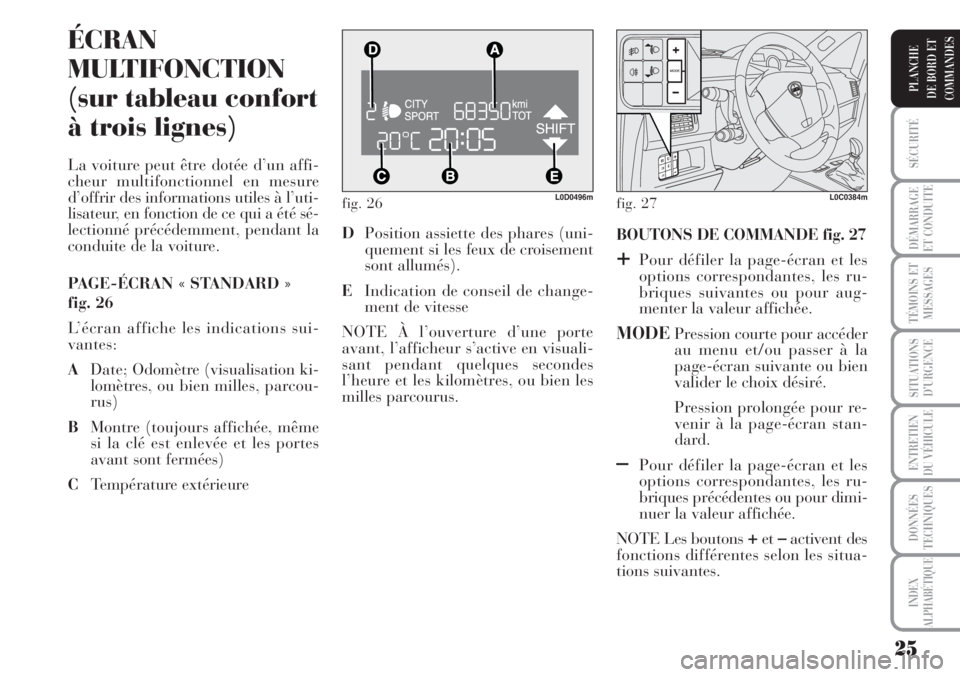 Lancia Musa 2010  Notice dentretien (in French) 25
SÉCURITÉ
DÉMARRAGE
ET CONDUITE
TÉMOINS ET
MESSAGES
SITUATIONS
D’URGENCE
ENTRETIEN
DU VÉHICULE
DONNÉES
TECHNIQUES
INDEX
ALPHABÉTIQUE
PLANCHE
DE BORD ET
COMMANDES
fig. 26L0D0496m
ÉCRAN
MULT