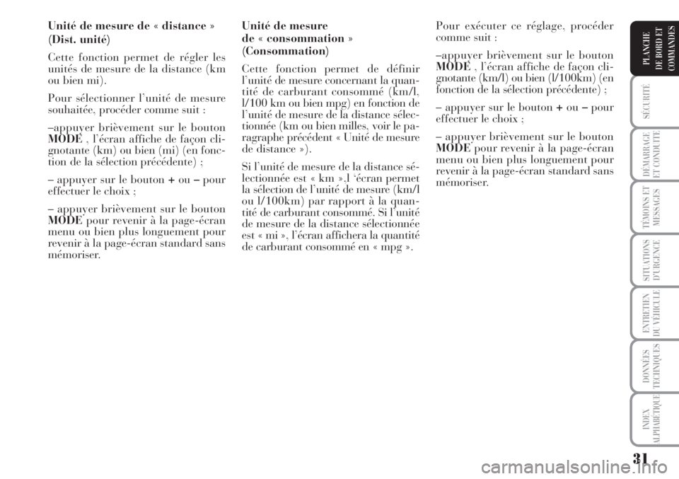 Lancia Musa 2010  Notice dentretien (in French) 31
SÉCURITÉ
DÉMARRAGE
ET CONDUITE
TÉMOINS ET
MESSAGES
SITUATIONS
D’URGENCE
ENTRETIEN
DU VÉHICULE
DONNÉES
TECHNIQUES
INDEX
ALPHABÉTIQUE
PLANCHE
DE BORD ET
COMMANDES
Unité de mesure de « dist