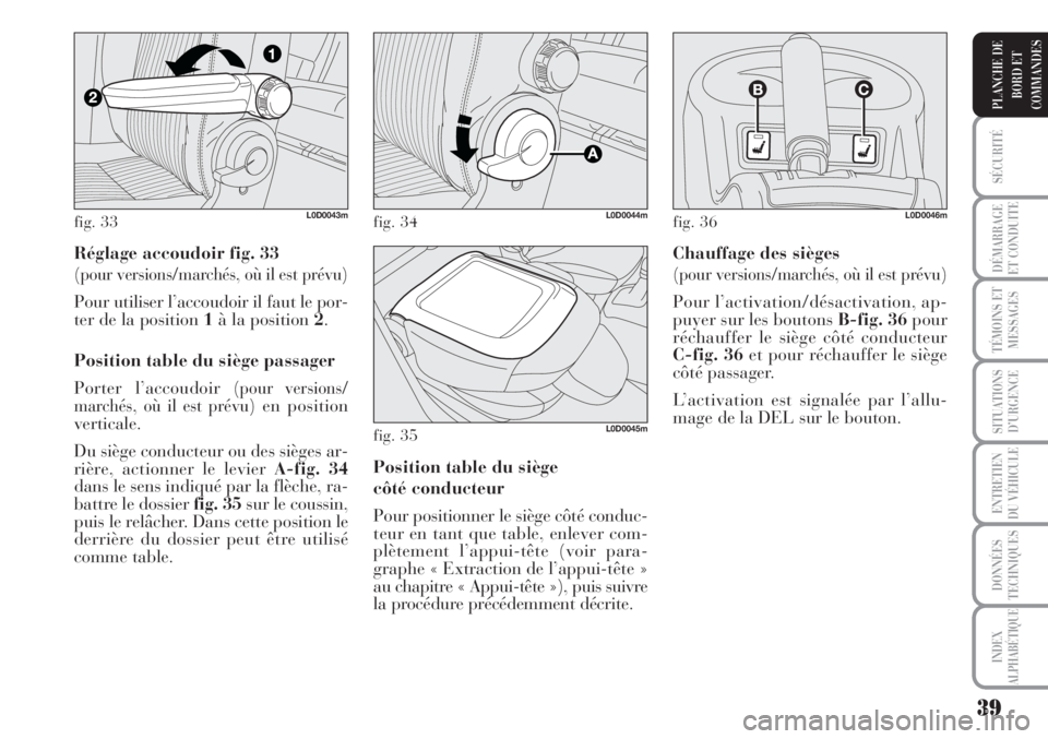 Lancia Musa 2010  Notice dentretien (in French) 39
SÉCURITÉ
DÉMARRAGE
ET CONDUITE
TÉMOINS ET
MESSAGES
SITUATIONS
D’URGENCE
ENTRETIEN
DU VÉHICULE
DONNÉES
TECHNIQUES
INDEX
ALPHABÉTIQUE
PLANCHE DE
BORD ET
COMMANDES
Réglage accoudoir fig. 33
