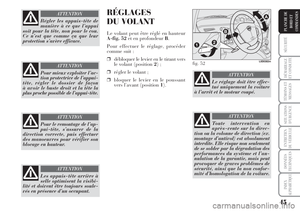 Lancia Musa 2010  Notice dentretien (in French) 45
SÉCURITÉ
DÉMARRAGE
ET CONDUITE
TÉMOINS ET
MESSAGES
SITUATIONS
D’URGENCE
ENTRETIEN
DU VÉHICULE
DONNÉES
TECHNIQUES
INDEX
ALPHABÉTIQUE
PLANCHE DE
BORD ET
COMMANDES
RÉGLAGES
DU VOLANT
Le vola