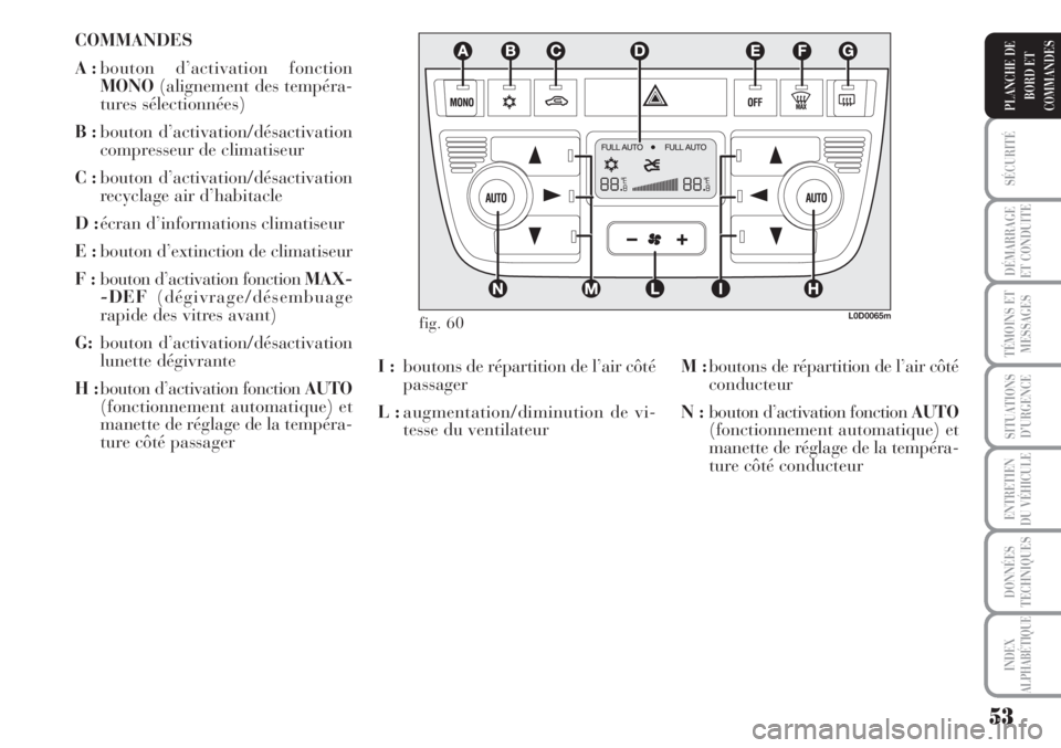 Lancia Musa 2010  Notice dentretien (in French) 53
SÉCURITÉ
DÉMARRAGE
ET CONDUITE
TÉMOINS ET
MESSAGES
SITUATIONS
D’URGENCE
ENTRETIEN
DU VÉHICULE
DONNÉES
TECHNIQUES
INDEX
ALPHABÉTIQUE
PLANCHE DE
BORD ET
COMMANDES
COMMANDES
A :bouton d’act