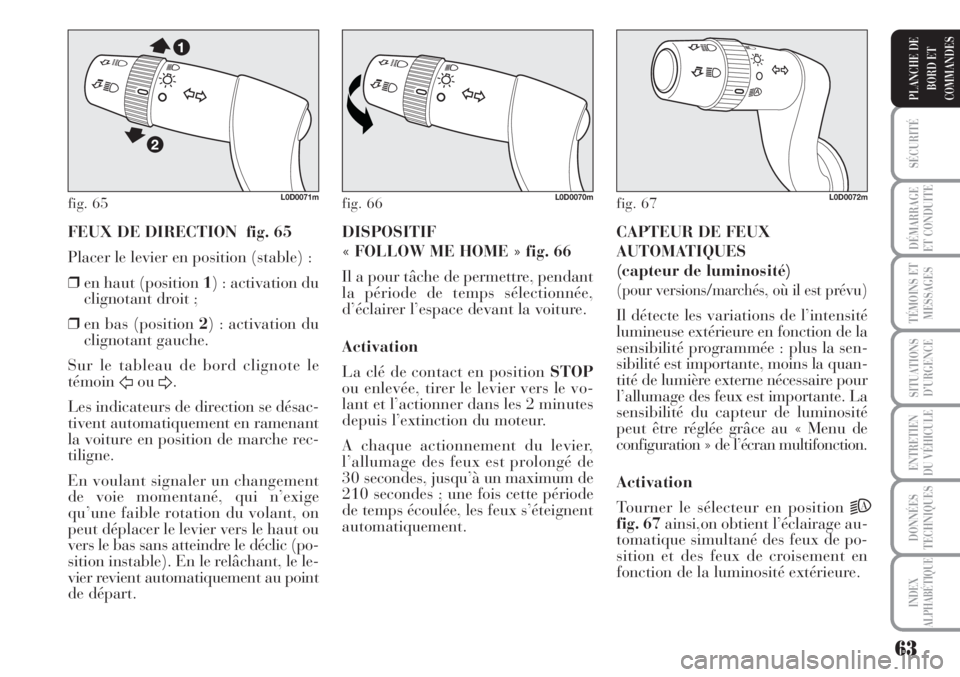 Lancia Musa 2010  Notice dentretien (in French) 63
SÉCURITÉ
DÉMARRAGE
ET CONDUITE
TÉMOINS ET
MESSAGES
SITUATIONS
D’URGENCE
ENTRETIEN
DU VÉHICULE
DONNÉES
TECHNIQUES
INDEX
ALPHABÉTIQUE
PLANCHE DE
BORD ET
COMMANDES
FEUX DE DIRECTION  fig. 65
