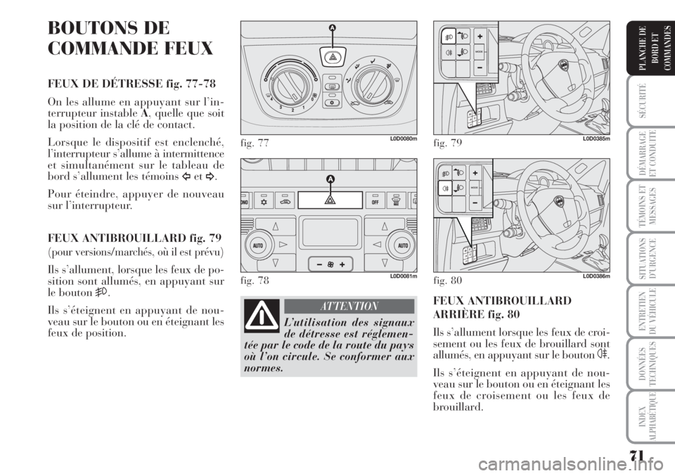 Lancia Musa 2010 Notice dentretien (in French) 71
SÉCURITÉ
DÉMARRAGE
ET CONDUITE
TÉMOINS ET
MESSAGES
SITUATIONS
D’URGENCE
ENTRETIEN
DU VÉHICULE
DONNÉES
TECHNIQUES
INDEX
ALPHABÉTIQUE
PLANCHE DE
BORD ET
COMMANDES
BOUTONS DE
COMMANDE FEUX
FE Lancia Musa 2010 Notice dentretien (in French) 71
SÉCURITÉ
DÉMARRAGE
ET CONDUITE
TÉMOINS ET
MESSAGES
SITUATIONS
D’URGENCE
ENTRETIEN
DU VÉHICULE
DONNÉES
TECHNIQUES
INDEX
ALPHABÉTIQUE
PLANCHE DE
BORD ET
COMMANDES
BOUTONS DE
COMMANDE FEUX
FE