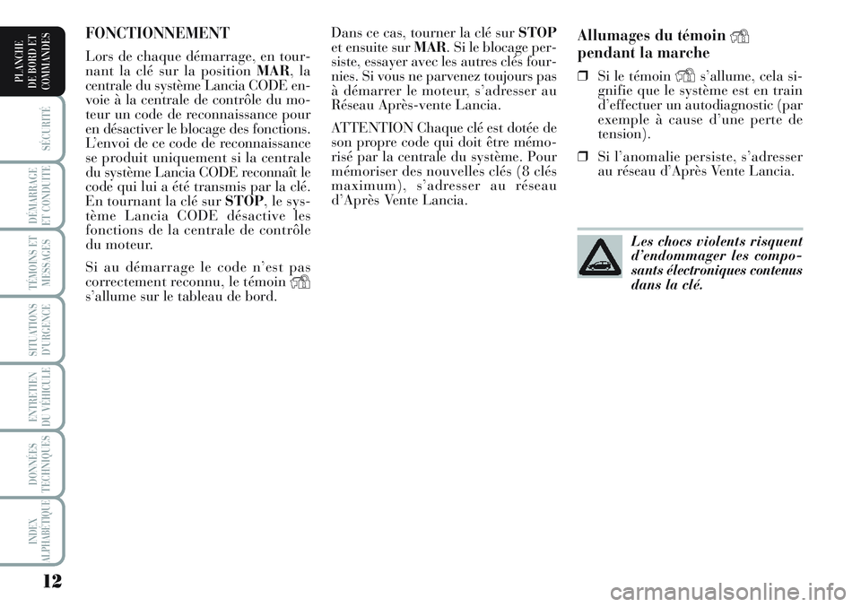 Lancia Musa 2011  Notice dentretien (in French) 12
SÉCURITÉ
DÉMARRAGE
ET CONDUITE
TÉMOINS ET
MESSAGES
SITUATIONS
D’URGENCE
ENTRETIEN
DU VÉHICULE 
DONNÉES
TECHNIQUES
INDEX
ALPHABÉTIQUE
PLANCHE
DE BORD ET
COMMANDES
Allumages du témoin Y
pen