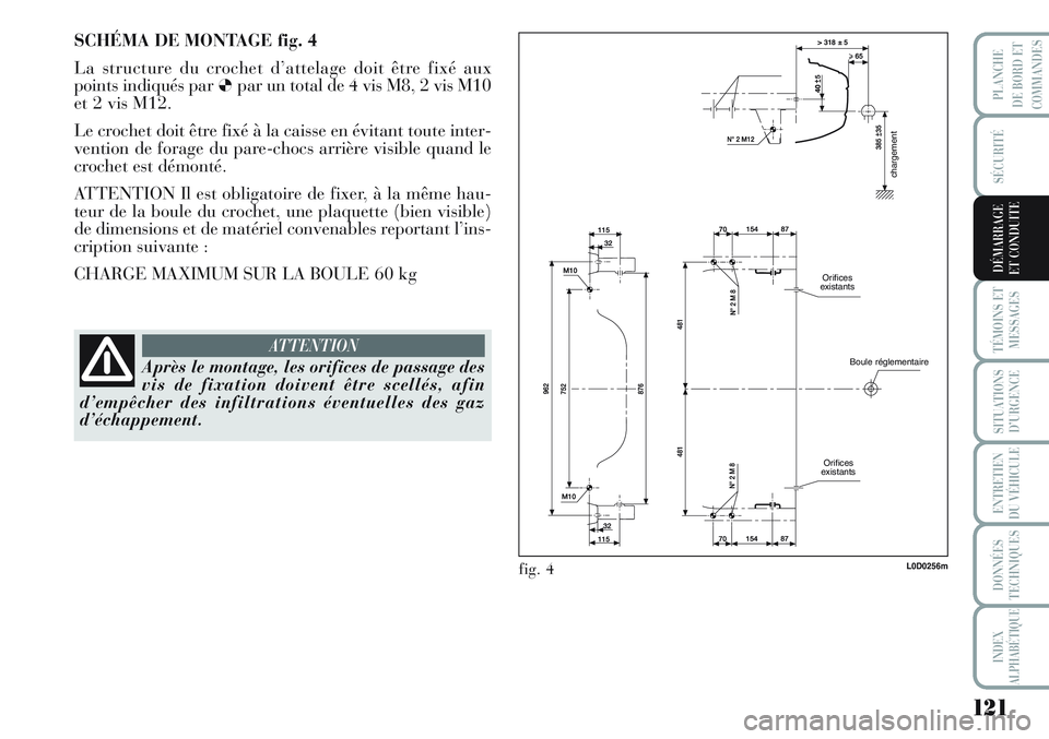 Lancia Musa 2011  Notice dentretien (in French) 121
SÉCURITÉ
TÉMOINS ET
MESSAGES
SITUATIONS
D’URGENCE
ENTRETIEN
DU VÉHICULE
DONNÉES
TECHNIQUES
INDEX
ALPHABÉTIQUE
PLANCHE
DE BORD ET
COMMANDES
DÉMARRAGE
ET CONDUITE
chargement
Boule réglemen