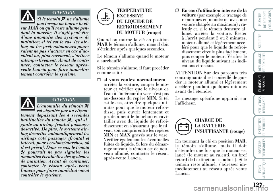 Lancia Musa 2012 Notice dentretien (in French) 127
SÉCURITÉ
DÉMARRAGE
ET CONDUITE
SITUATIONS
D’URGENCE
ENTRETIEN
DU VÉHICULE
DONNÉES
TECHNIQUES
INDEX
ALPHABÉTIQUE
PLANCHE
DE BORD ET
COMMANDES
TÉMOINS ET
MESSAGES
Si le témoin ¬ne s’all Lancia Musa 2012 Notice dentretien (in French) 127
SÉCURITÉ
DÉMARRAGE
ET CONDUITE
SITUATIONS
D’URGENCE
ENTRETIEN
DU VÉHICULE
DONNÉES
TECHNIQUES
INDEX
ALPHABÉTIQUE
PLANCHE
DE BORD ET
COMMANDES
TÉMOINS ET
MESSAGES
Si le témoin ¬ne s’all