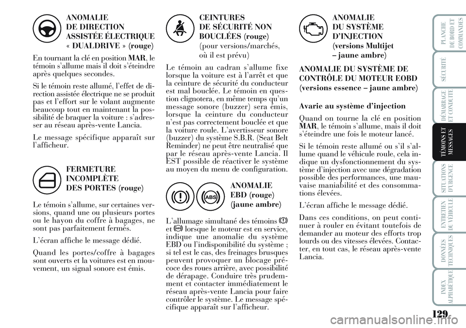 Lancia Musa 2011  Notice dentretien (in French) 129
SÉCURITÉ
DÉMARRAGE
ET CONDUITE
SITUATIONS
D’URGENCE
ENTRETIEN
DU VÉHICULE
DONNÉES
TECHNIQUES
INDEX
ALPHABÉTIQUE
PLANCHE
DE BORD ET
COMMANDES
TÉMOINS ET
MESSAGES
ANOMALIE
DE DIRECTION
ASSI