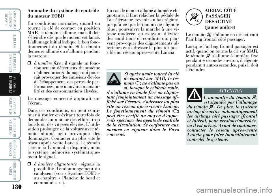 Lancia Musa 2012 Notice dentretien (in French) 130
SÉCURITÉ
DÉMARRAGE
ET CONDUITE
SITUATIONS
D’URGENCE
ENTRETIEN
DU VÉHICULE
DONNÉES
TECHNIQUES
INDEX
ALPHABÉTIQUE
PLANCHE
DE BORD ET
COMMANDES
TÉMOINS ET
MESSAGES
Si après avoir tourné l Lancia Musa 2012 Notice dentretien (in French) 130
SÉCURITÉ
DÉMARRAGE
ET CONDUITE
SITUATIONS
D’URGENCE
ENTRETIEN
DU VÉHICULE
DONNÉES
TECHNIQUES
INDEX
ALPHABÉTIQUE
PLANCHE
DE BORD ET
COMMANDES
TÉMOINS ET
MESSAGES
Si après avoir tourné l