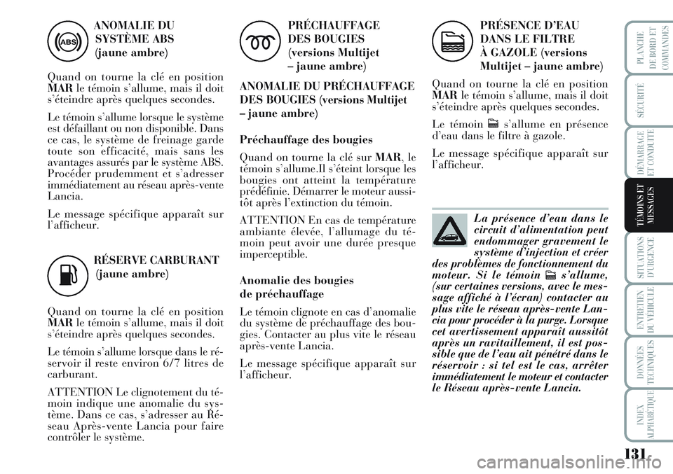 Lancia Musa 2012 Notice dentretien (in French) 131
SÉCURITÉ
DÉMARRAGE
ET CONDUITE
SITUATIONS
D’URGENCE
ENTRETIEN
DU VÉHICULE
DONNÉES
TECHNIQUES
INDEX
ALPHABÉTIQUE
PLANCHE
DE BORD ET
COMMANDES
TÉMOINS ET
MESSAGES
RÉSERVE CARBURANT
(jaune Lancia Musa 2012 Notice dentretien (in French) 131
SÉCURITÉ
DÉMARRAGE
ET CONDUITE
SITUATIONS
D’URGENCE
ENTRETIEN
DU VÉHICULE
DONNÉES
TECHNIQUES
INDEX
ALPHABÉTIQUE
PLANCHE
DE BORD ET
COMMANDES
TÉMOINS ET
MESSAGES
RÉSERVE CARBURANT
(jaune