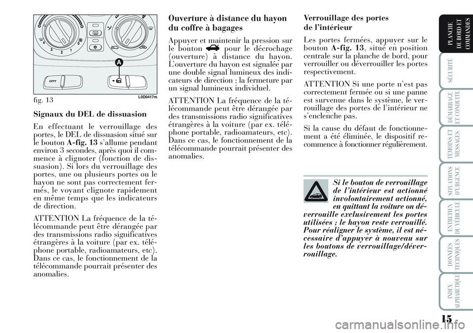 Lancia Musa 2011  Notice dentretien (in French) 15
SÉCURITÉ
DÉMARRAGE
ET CONDUITE
TÉMOINS ET
MESSAGES
SITUATIONS
D’URGENCE
ENTRETIEN
DU VÉHICULE
DONNÉES
TECHNIQUES
INDEX
ALPHABÉTIQUE
PLANCHE
DE BORD ET
COMMANDES
Signaux du DEL de dissuasio